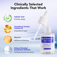 DERMFREE Milia Remover contiene ácido salicílico para exfoliar poros suavemente