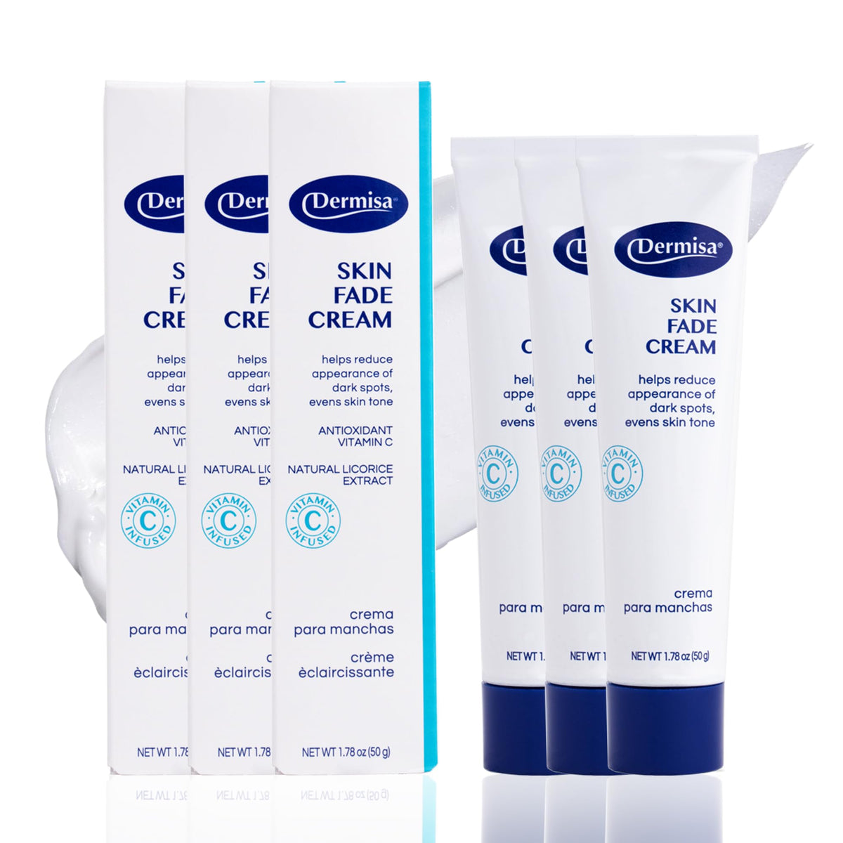 Dermisa crema: empaque a la vista para desvanecer manchas con suavidad.