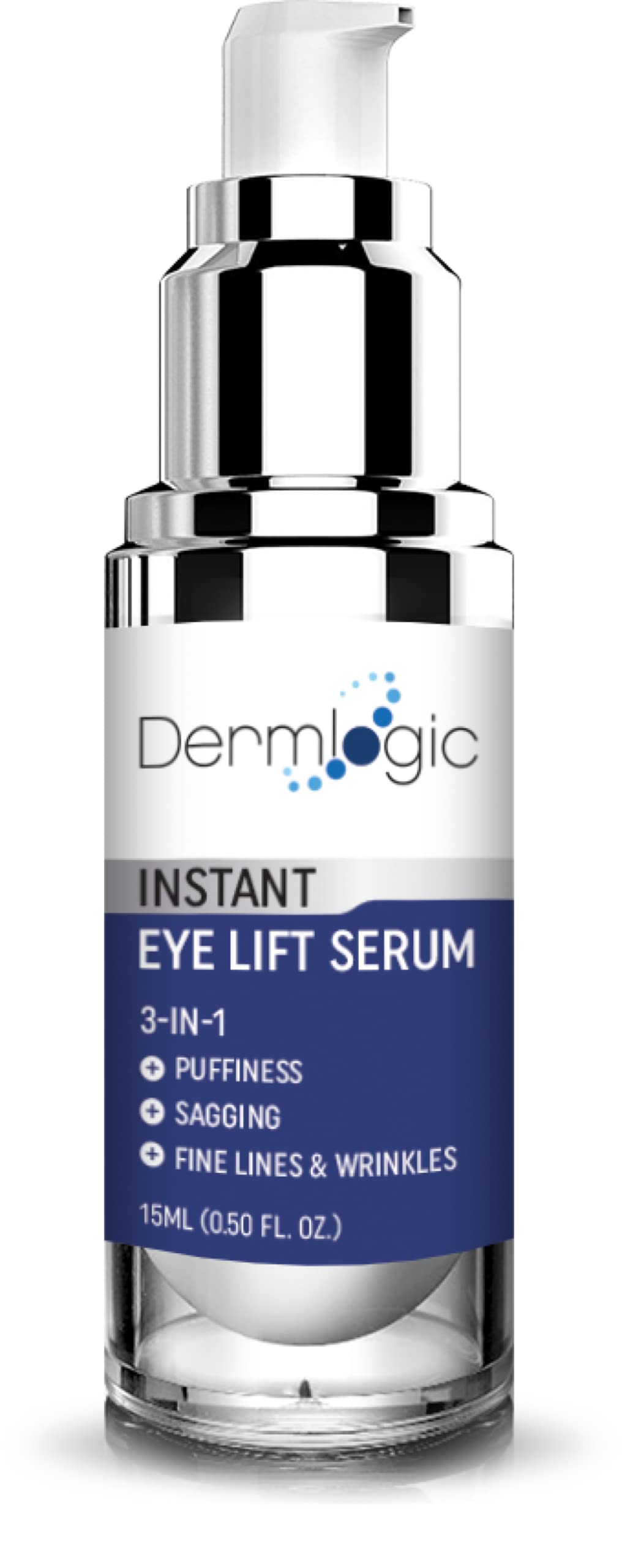 Dermlogic under-eye puffiness treatment bottle demonstrating instant lifting