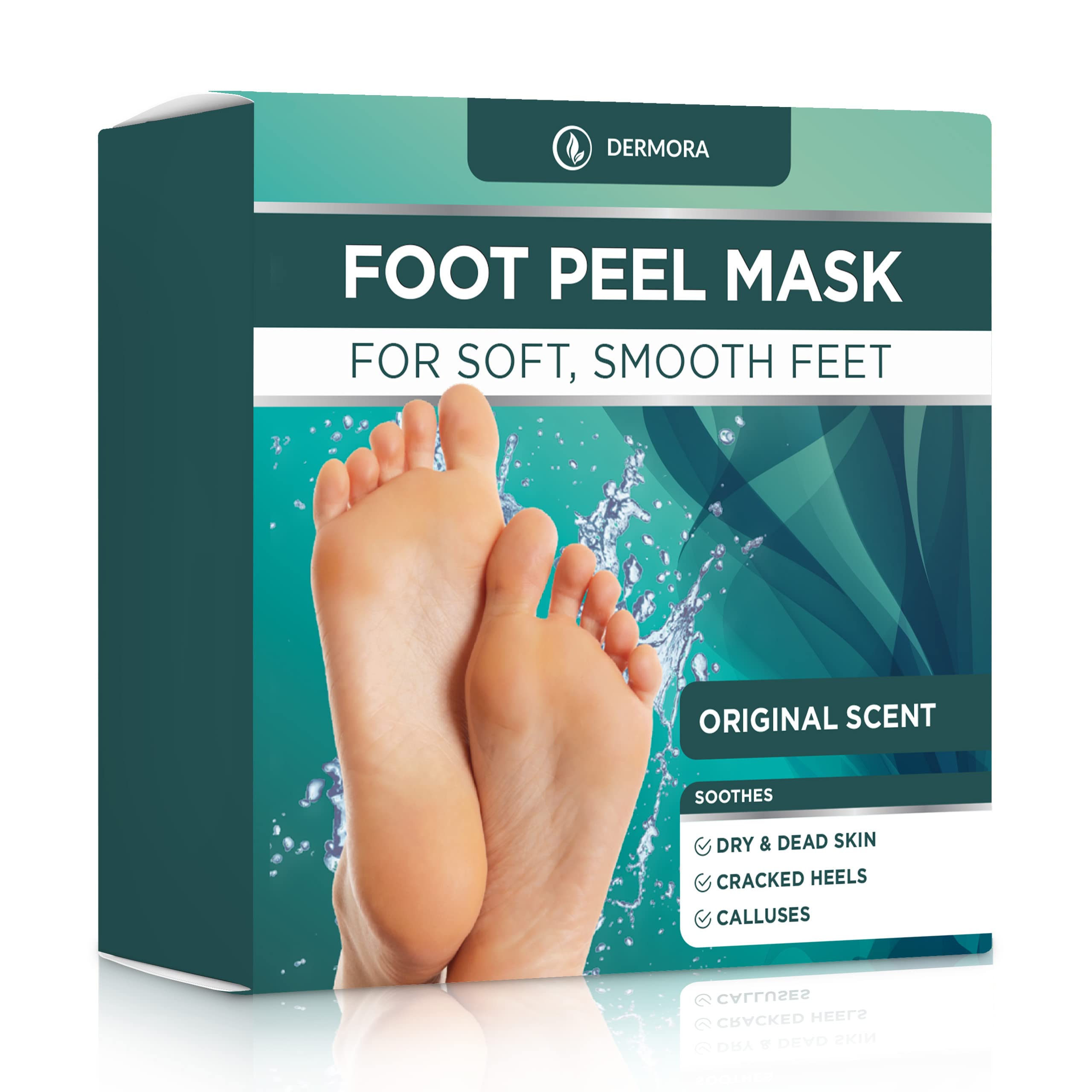 DERMORA mascarilla exfoliante para pies, aplicación fácil, suaviza piel seca.