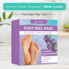 DERMORA pies con mascarilla exfoliante lista para iniciar la renovación de la piel.