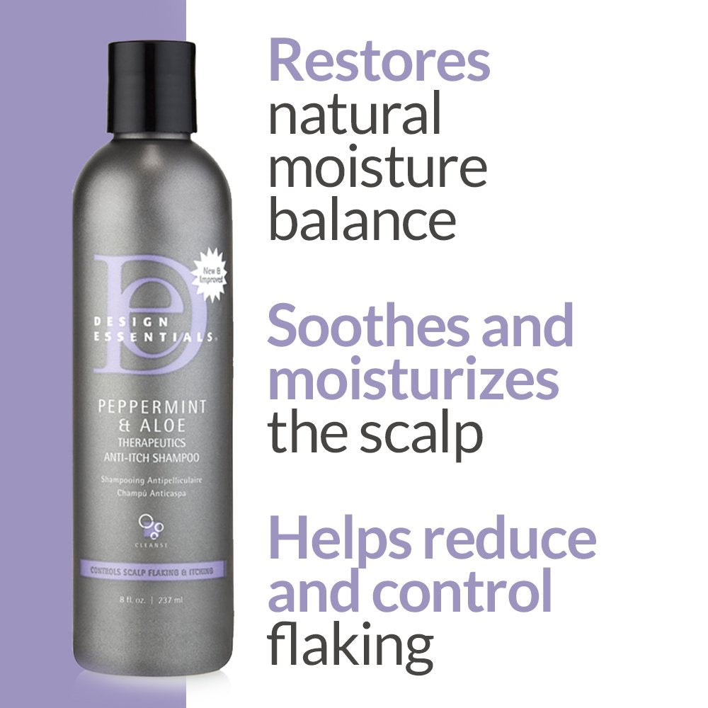 Cuero cabelludo cuidado con Design Essentials Peppermint y Aloe Terapéuticos para control de descamación.