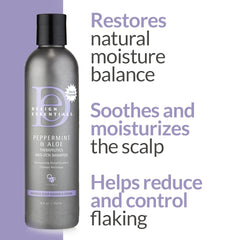 Cuero cabelludo cuidado con Design Essentials Peppermint y Aloe Terapéuticos para control de descamación.