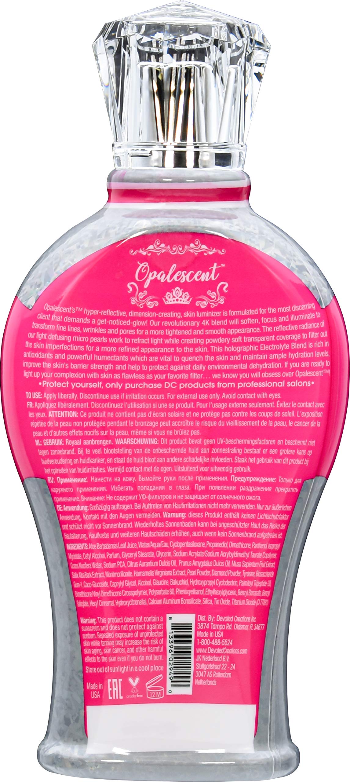 Devoted Creations Opalescent Lotion de bronzage – texture tourbillon et micro-sphères pour un éclat holographique.