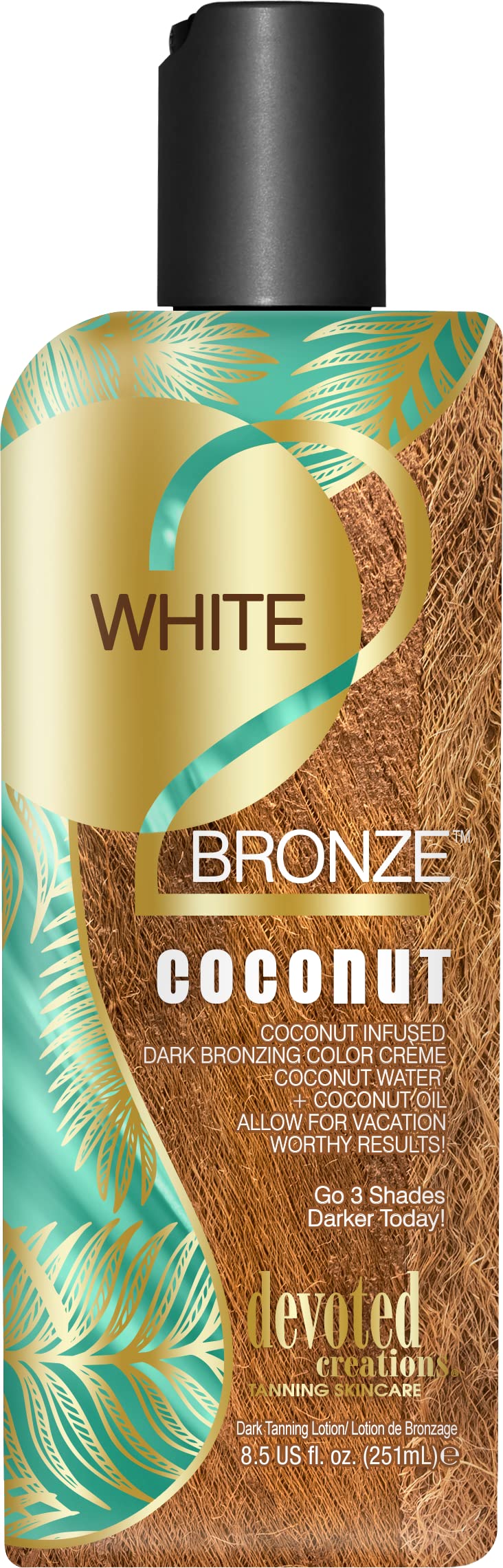 Devoted Creations White 2 Bronze Coconut: botella bronceadora para tono dorado y piel suave.
