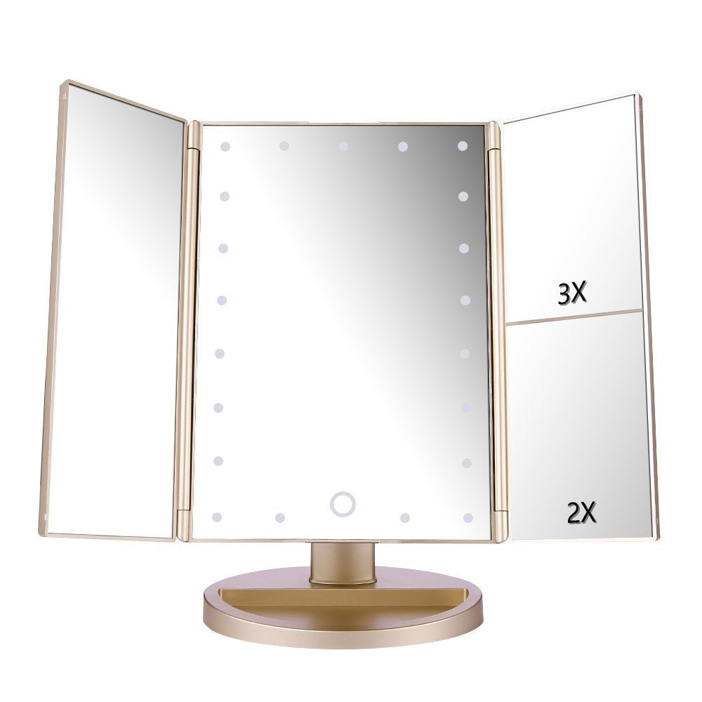 Deweisn espejo triple panel iluminado para maquillaje preciso