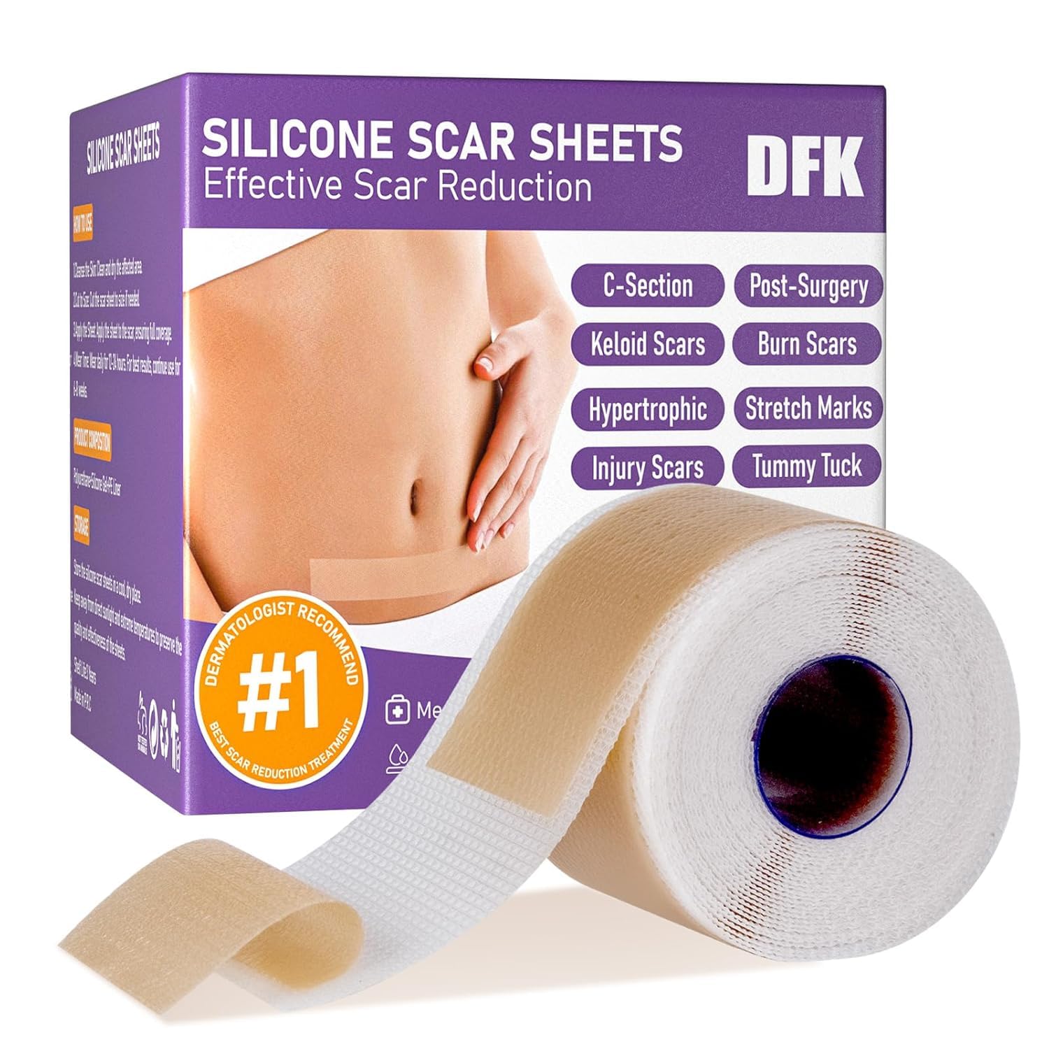 Cinta silicona DFK aplicada en cicatriz, hidratación suave y protección