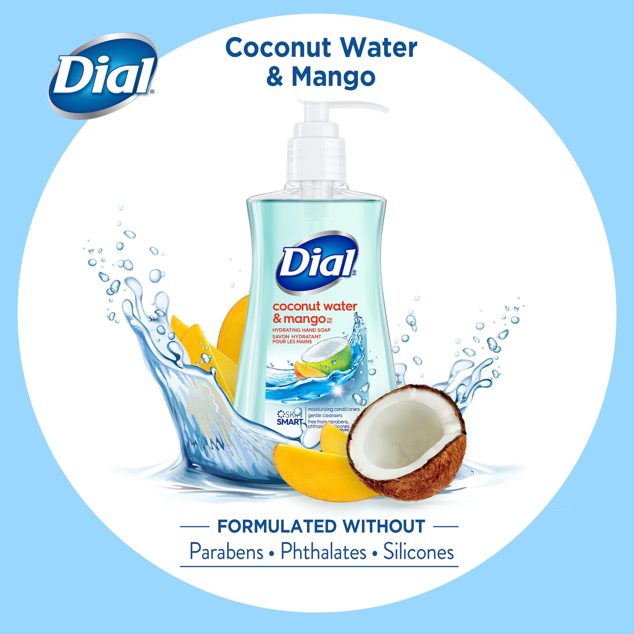 Etiqueta de Dial jabón Coco Mango destaca fragancia fresca y tropical.