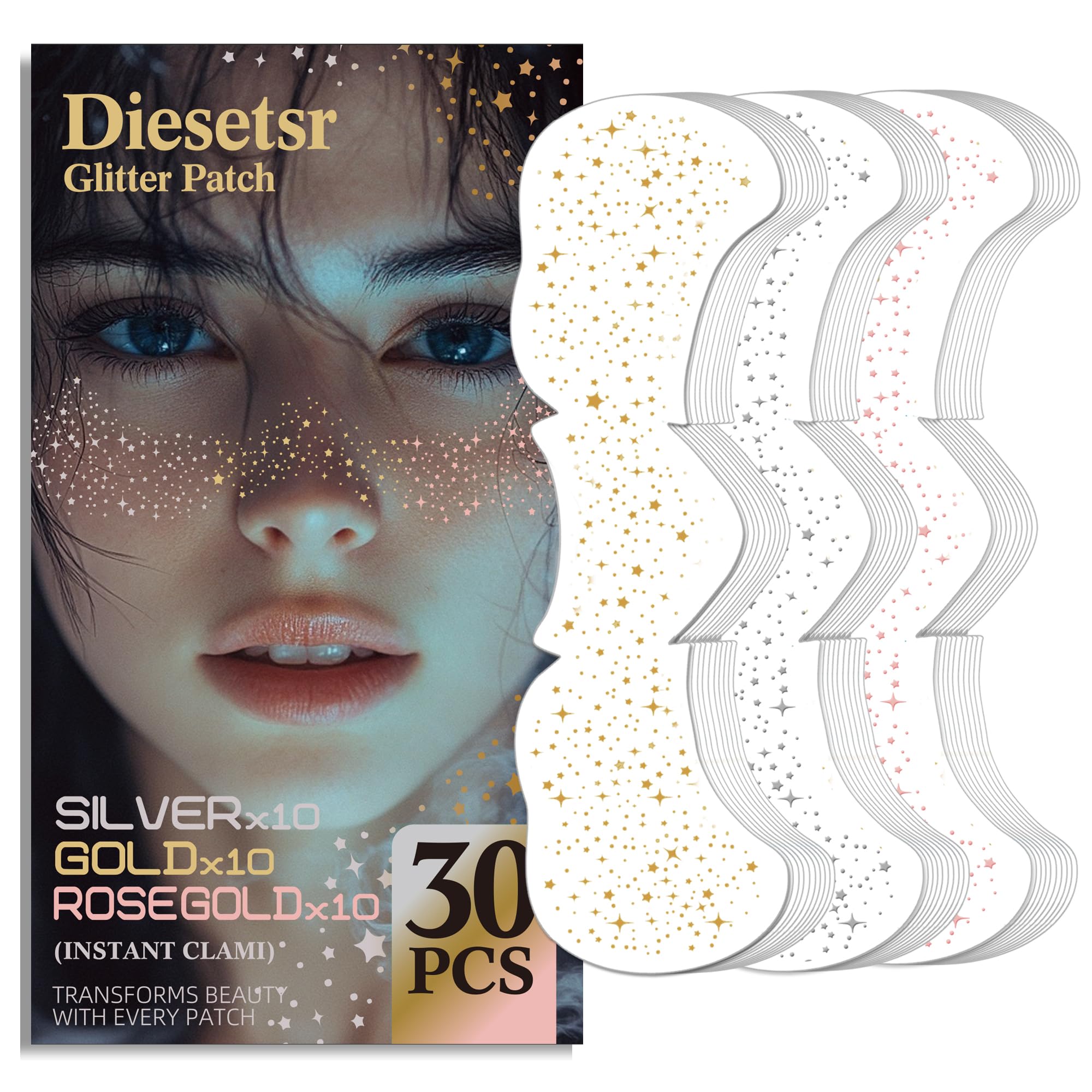 Diesetsr parches glitter freckes en empaque, listo para probar