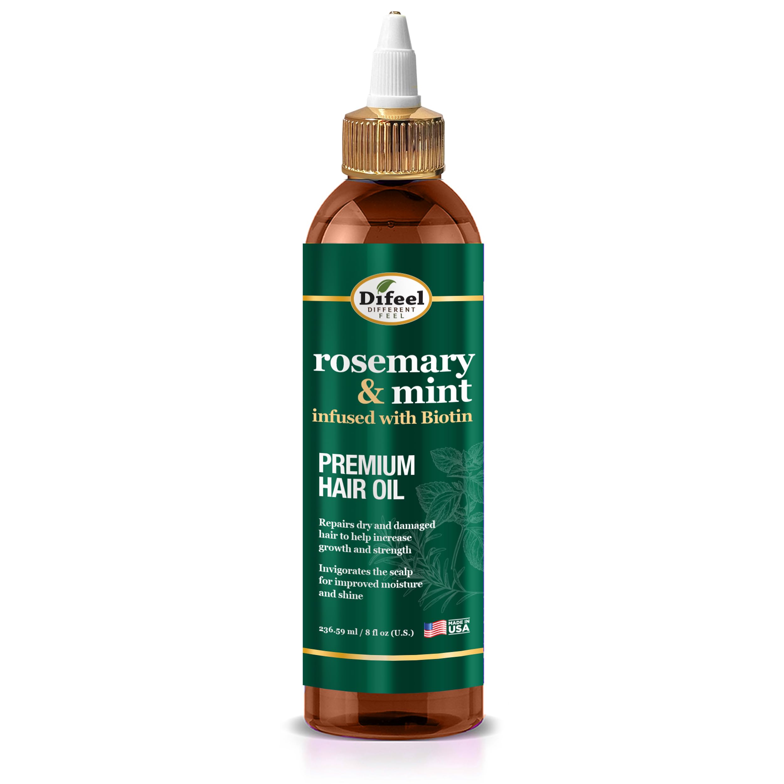 Difeel aceite romero-menta en botella para revitalizar el cabello.