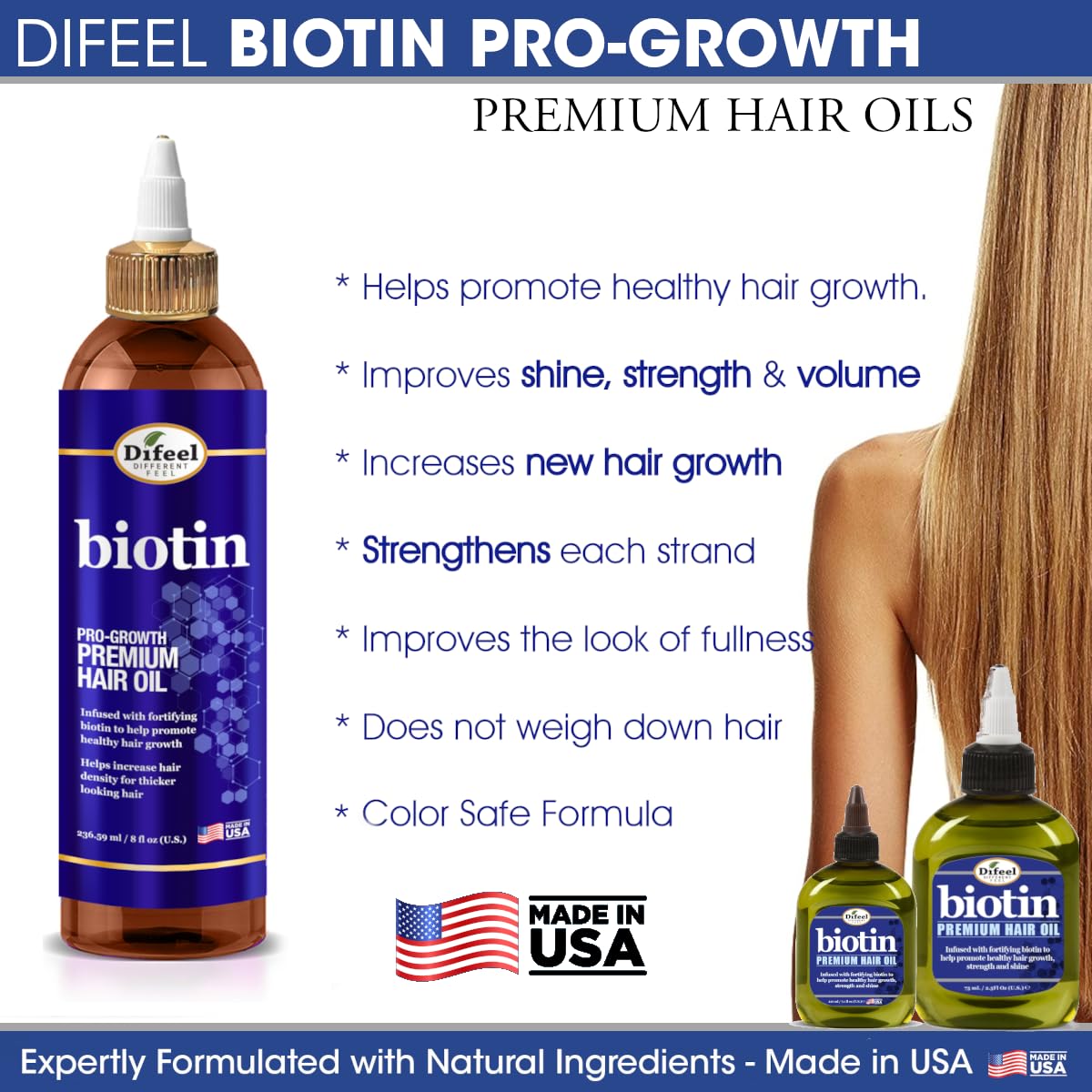 Difeel Biotin Progrowth, brillo suave en el cabello tras uso.