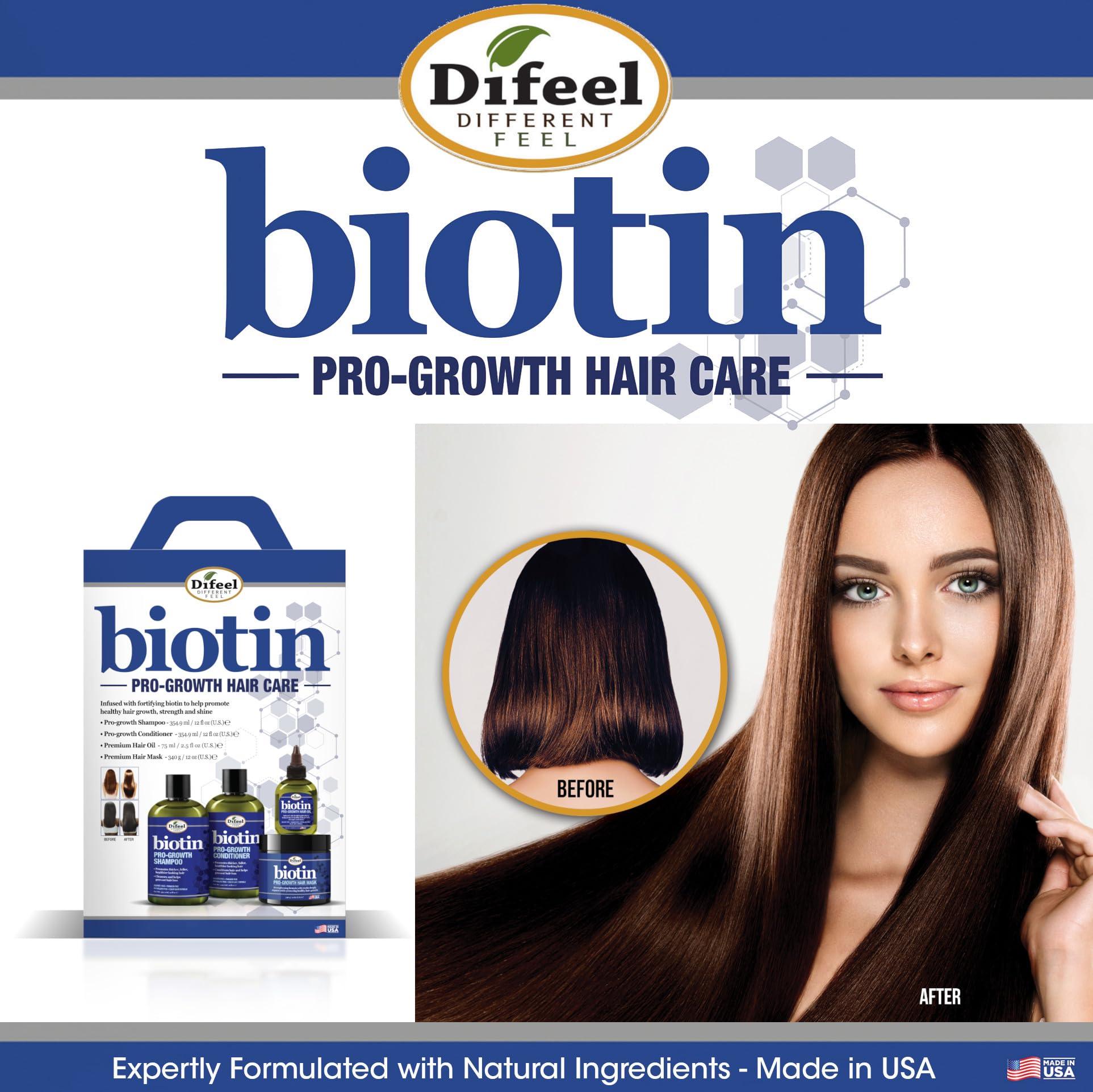 Envase de 8 onzas hecho en Estados Unidos para Difeel Progrowth.