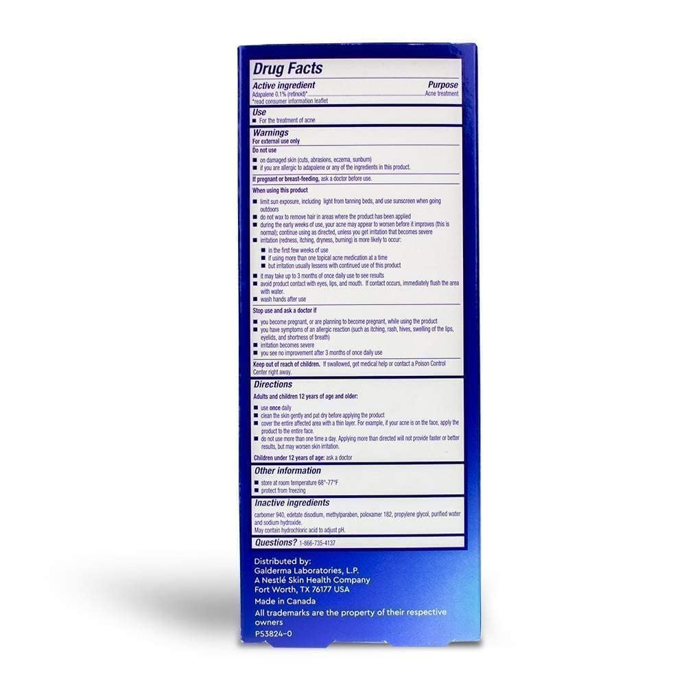 Differin Gel, etiqueta frontal con información de la marca.