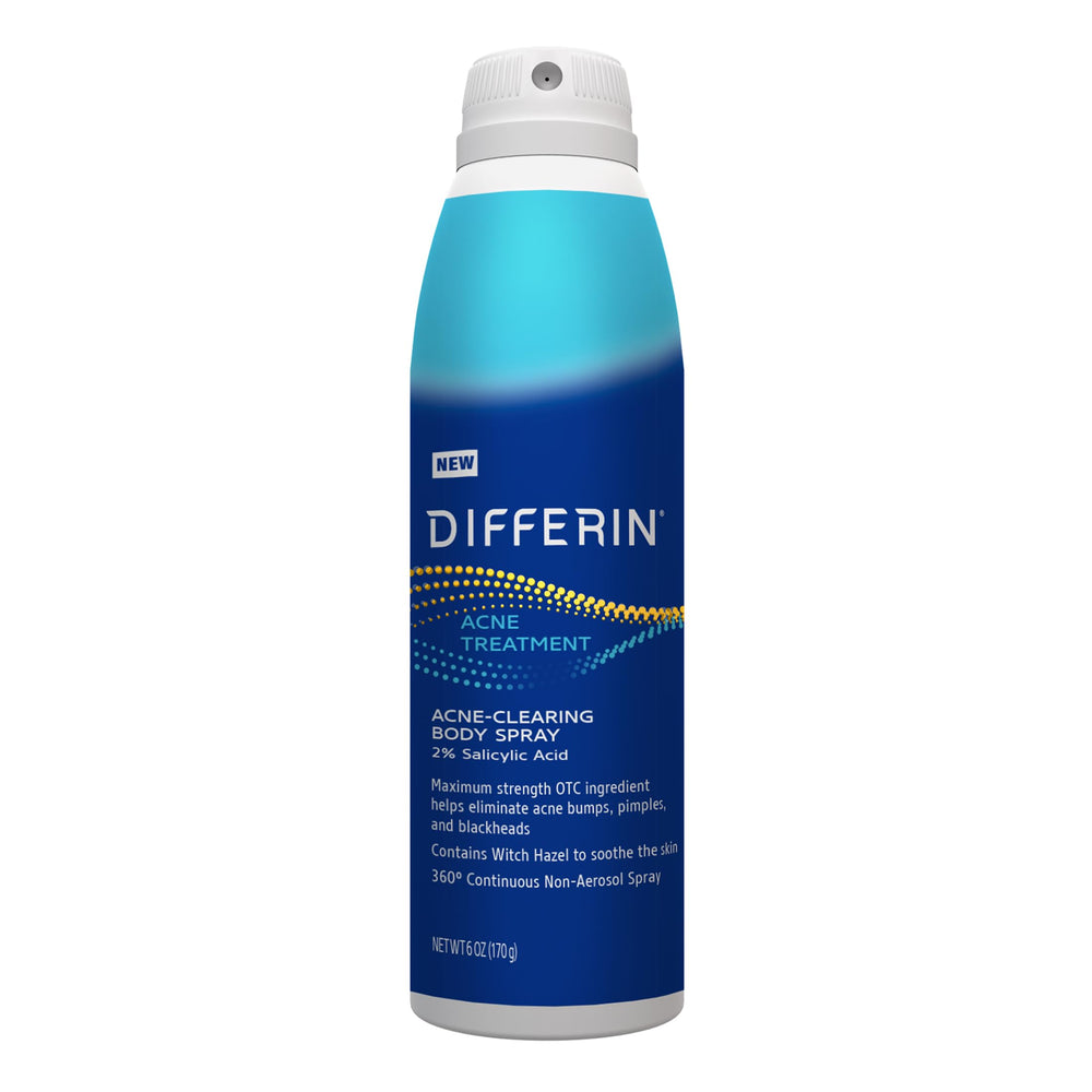 Differin atomizador corporal para acné en envase compacto, ideal para uso diario.