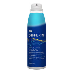 Differin atomizador corporal para acné en envase compacto, ideal para uso diario.