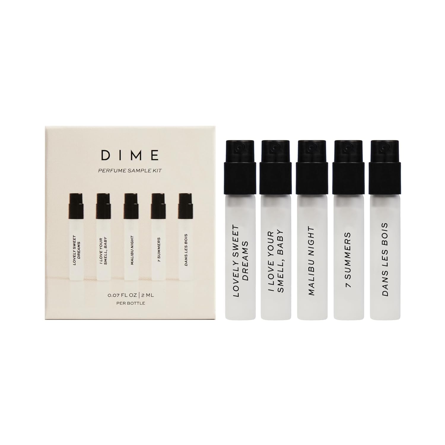DIME muestra de perfume con cinco frascos de 2 ml, ideal para probar en casa.