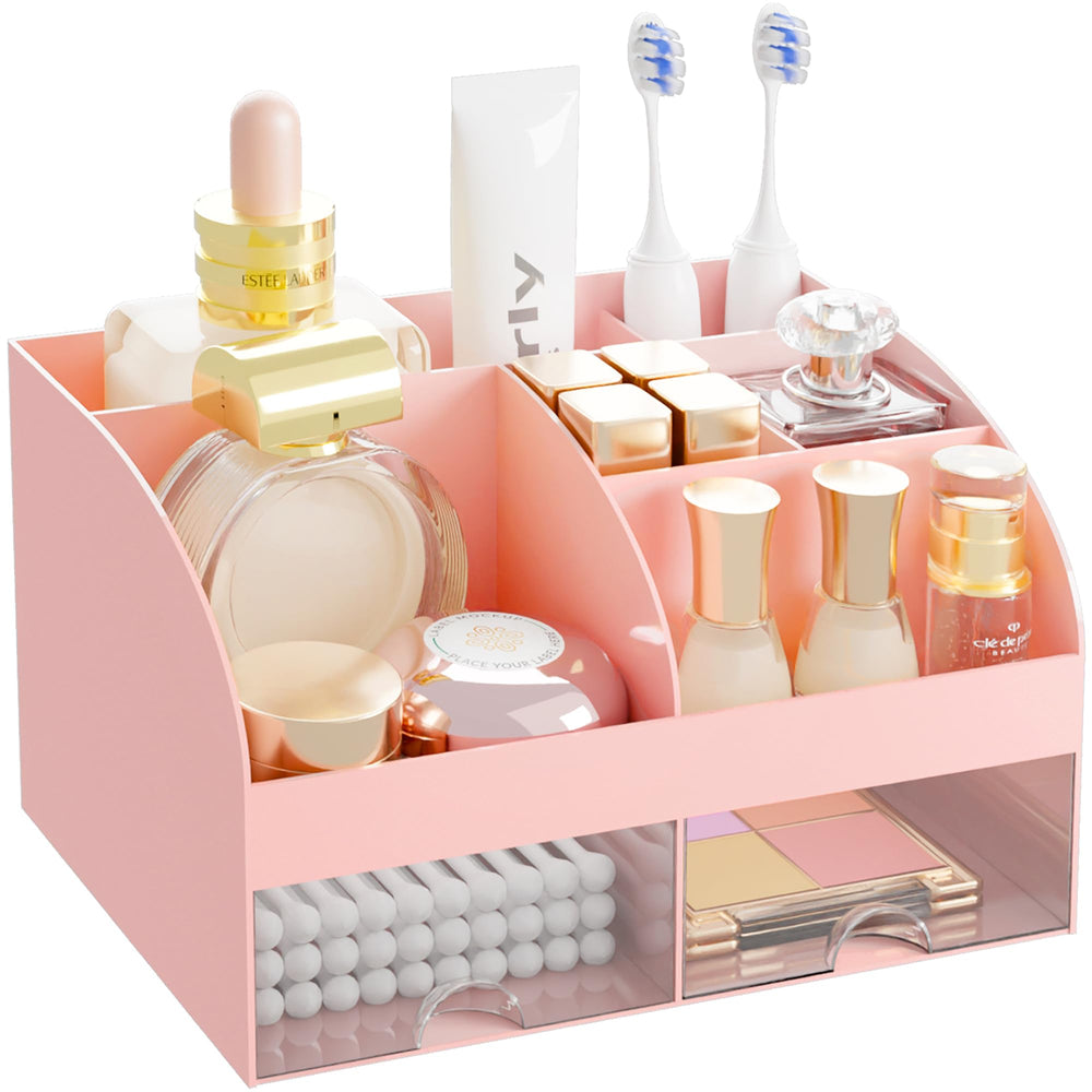 DIRZHX organizador de maquillaje con dos cajones rosa para mantener productos ordenados.