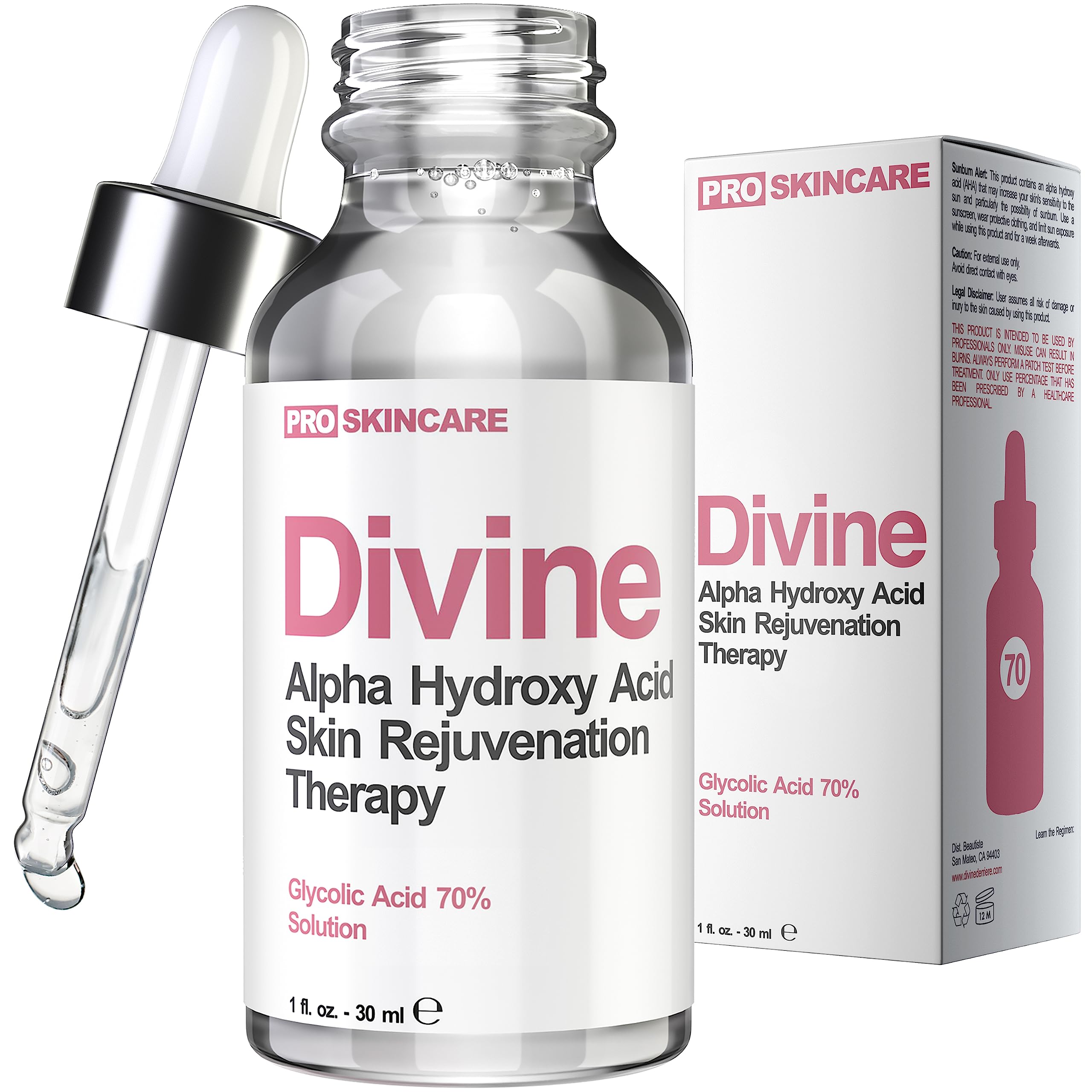 Divine Derriere botella de exfoliante químico al 70% para uso en casa.