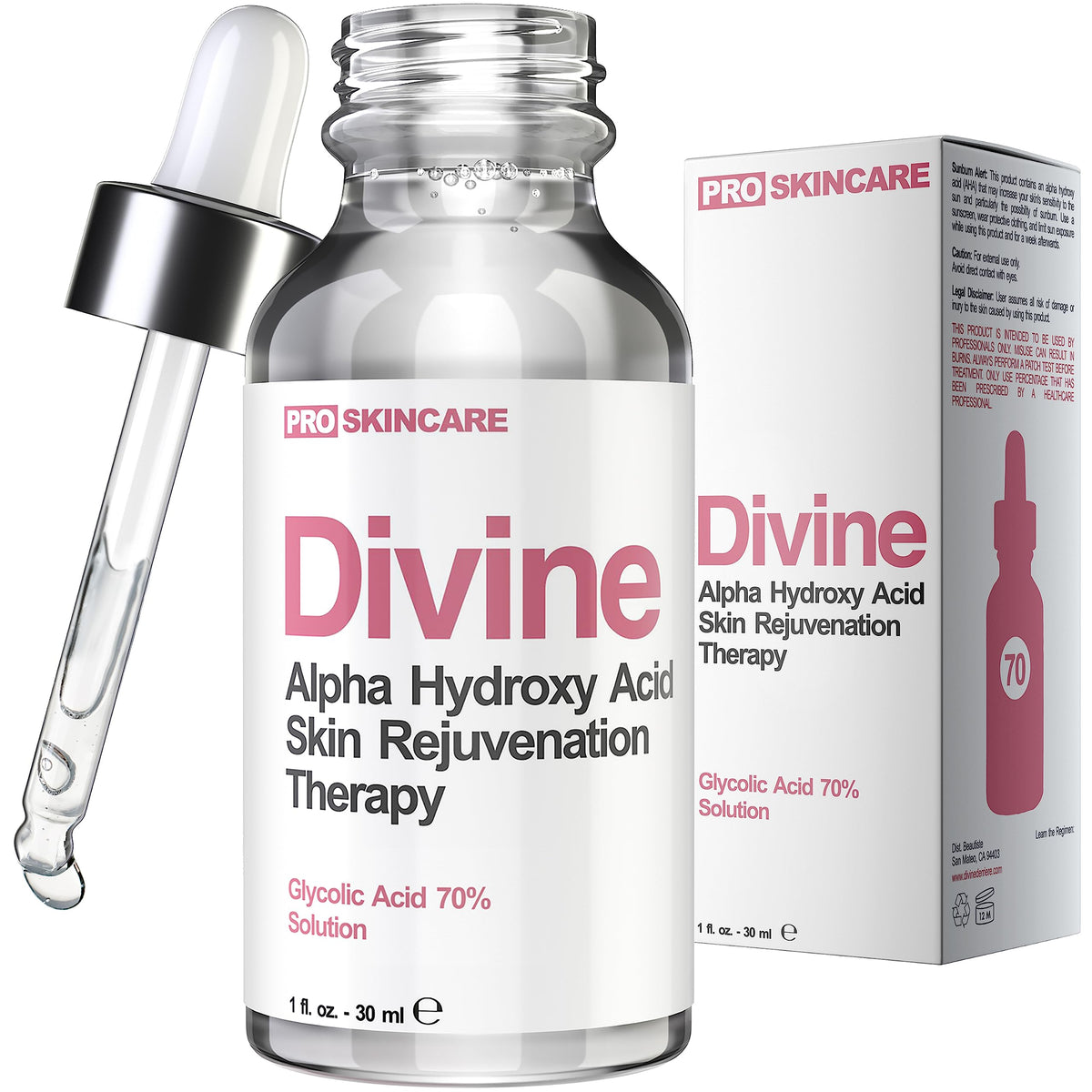 Divine Derriere botella de exfoliante químico al 70% para uso en casa.