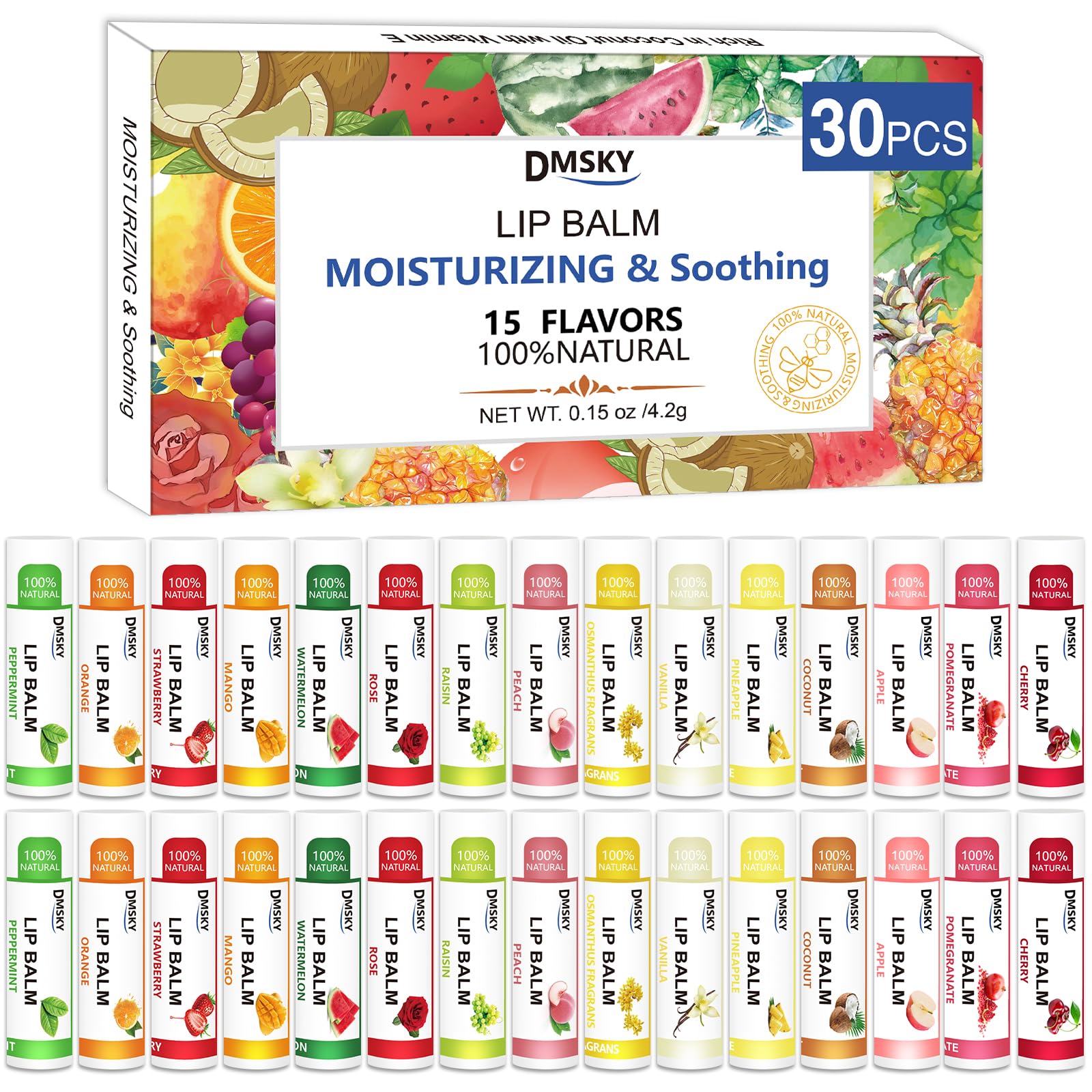 Bálsamo labial Dmsky con variedad de 15 sabores para hidratar labios.