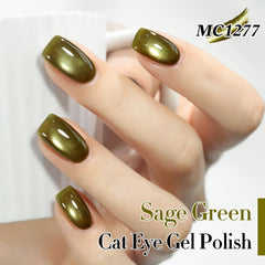 Brillo holográfico elegante con efecto ojo de gato en color verde.