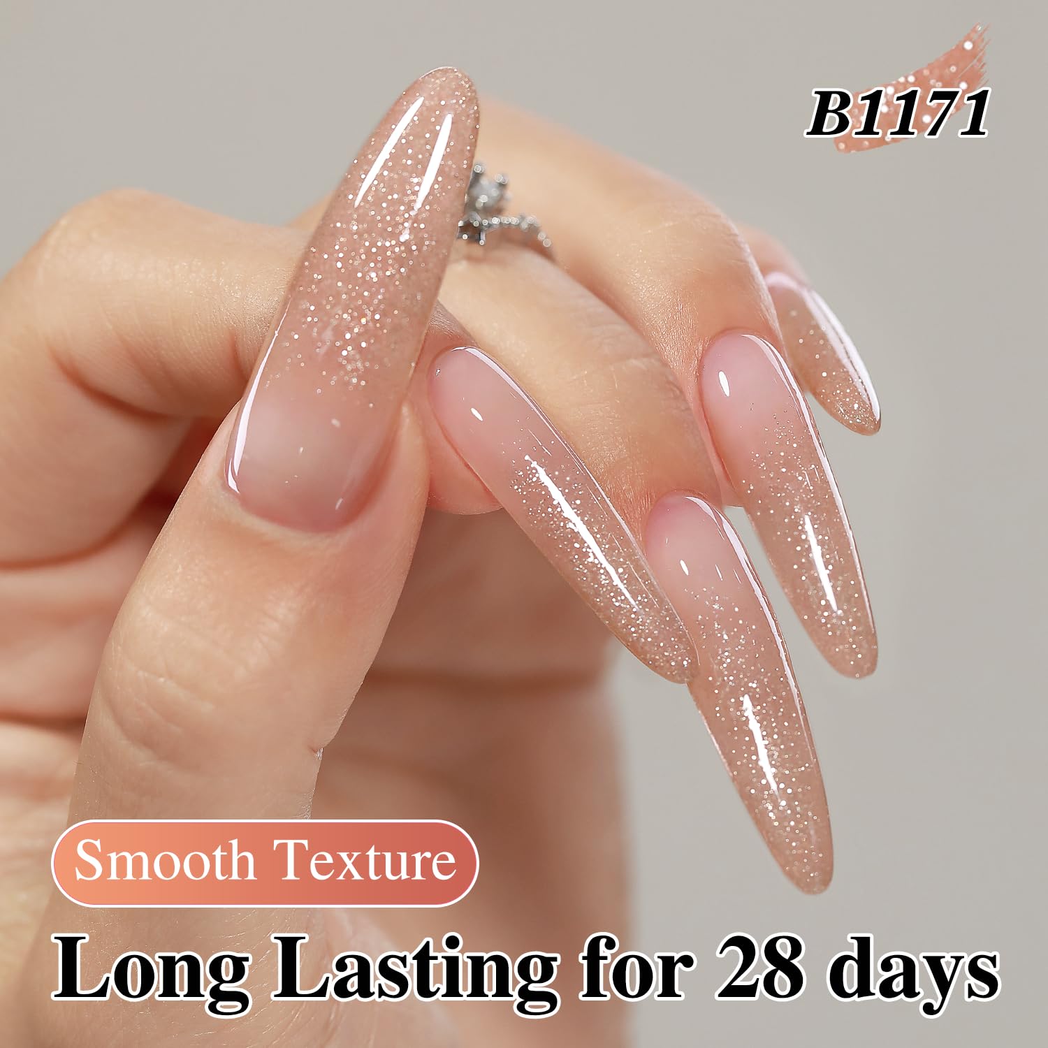 Textura suave del gel glitter para cubrir uñas con uniformidad.