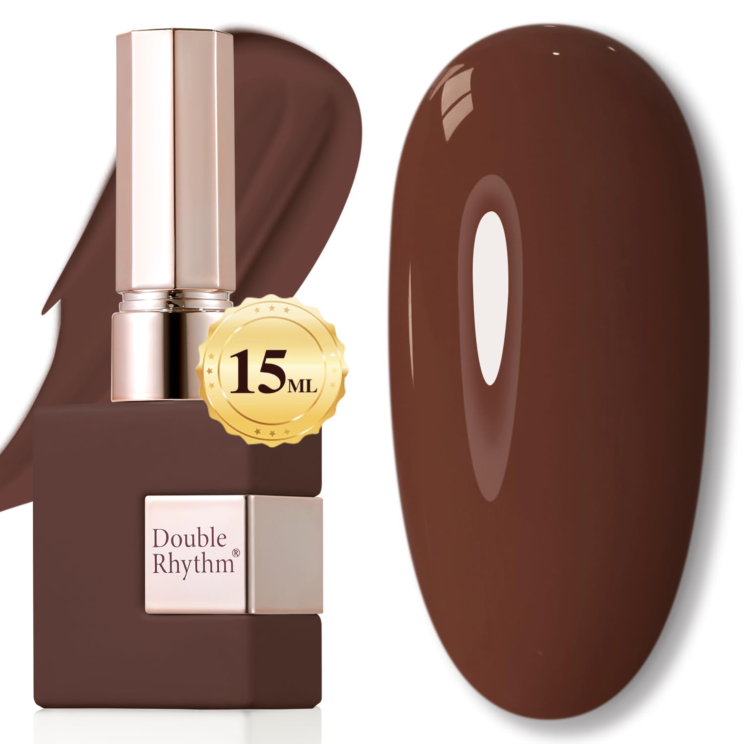Esmalte gel Double Rhythm marrón oscuro en botella de 15 ml para aplicación suave y uniforme.