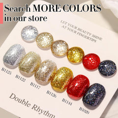 Double Rhythm gel lentejuelas plateadas en uñas, brillo deslumbrante