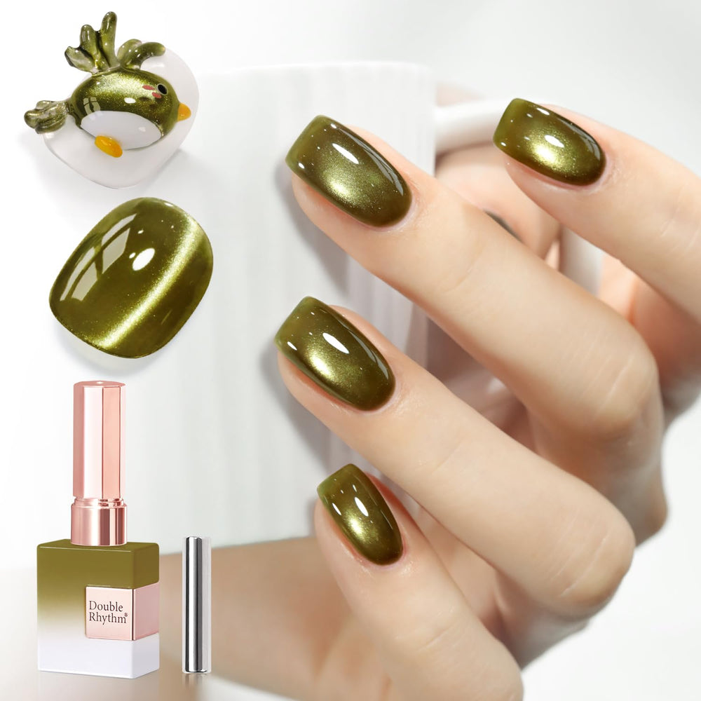 Esmalte ojo de gato Double Rhythm verde salvia en bote, acabado translúcido.