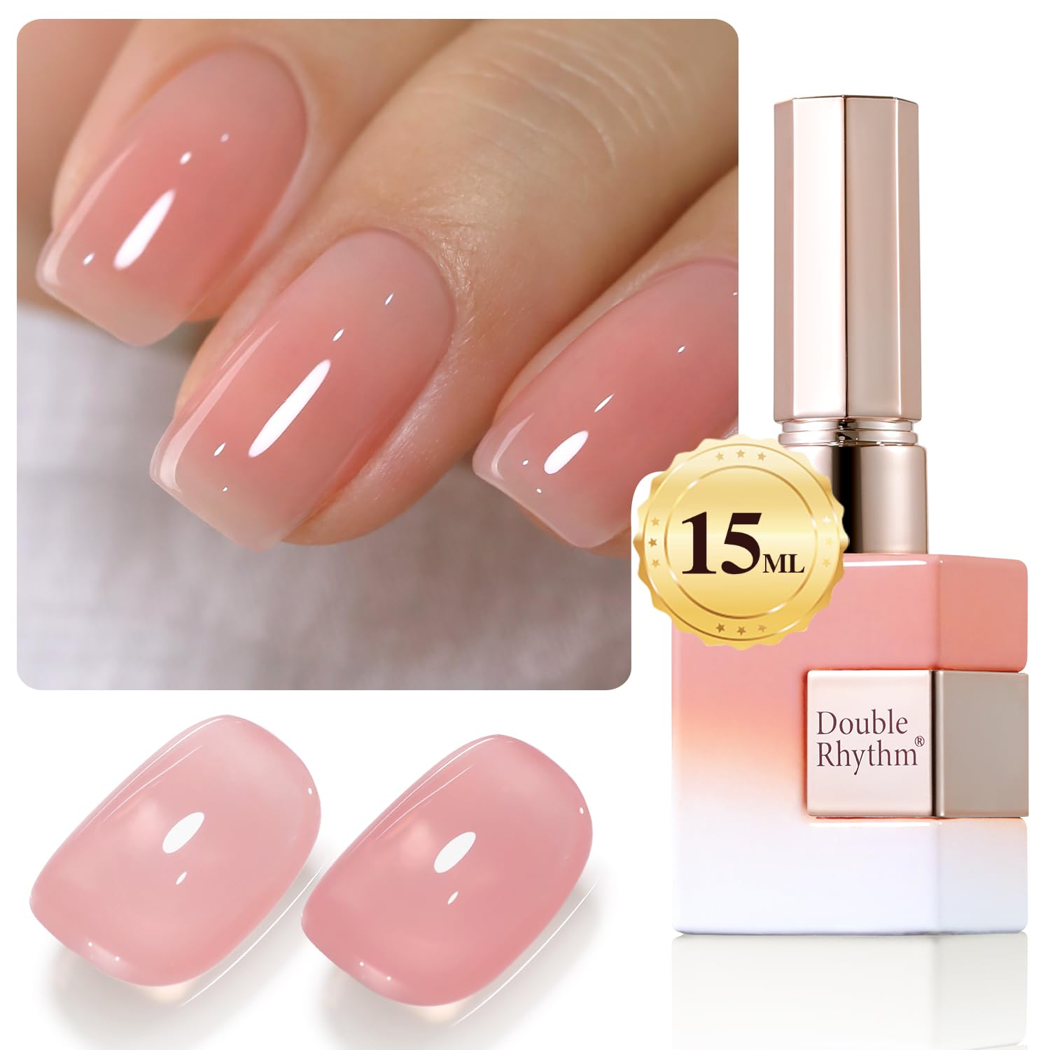 Double Rhythm gel translúcido rosado en botella para capas suaves y brillo natural.