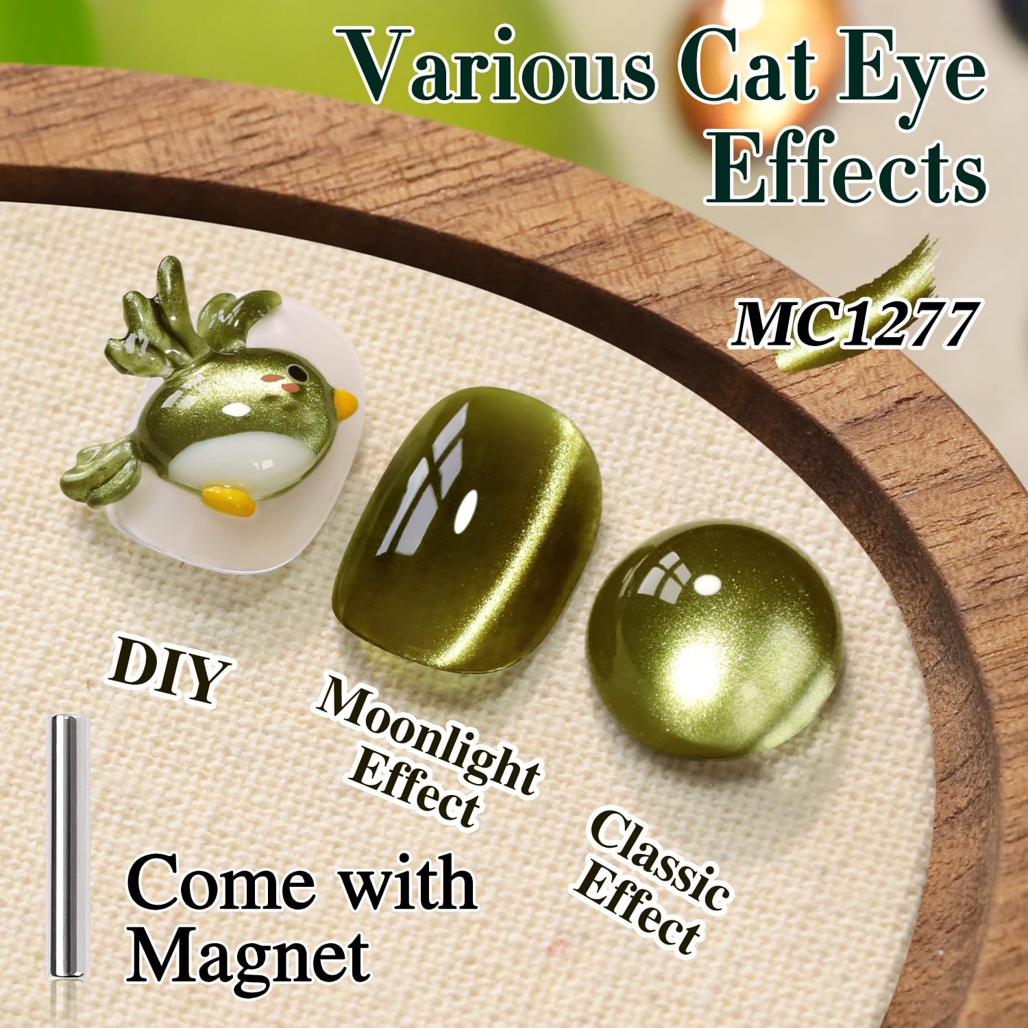 Aplicación con imán para lograr ojo de gato en tono verde salvia.