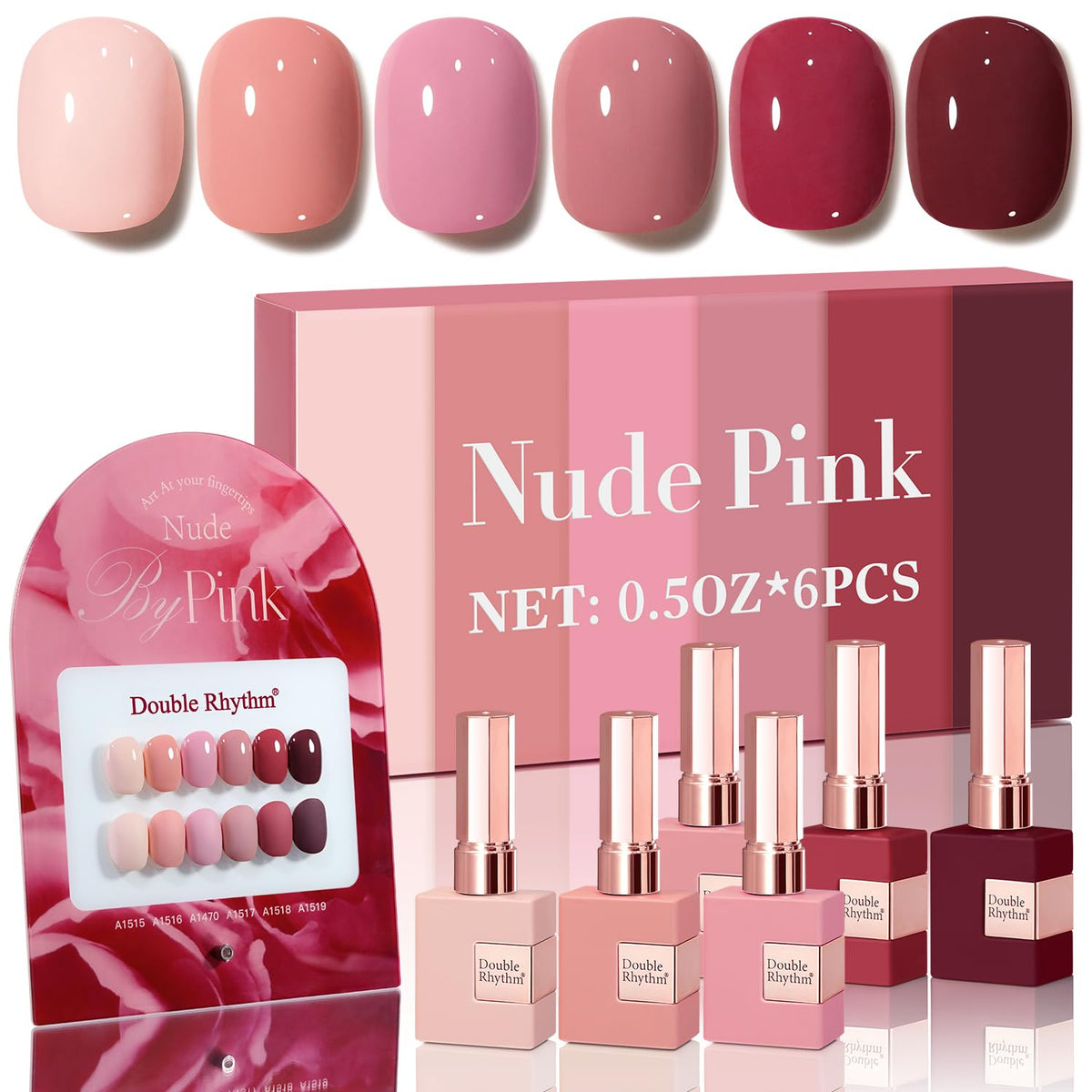 Este kit de gel de Double Rhythm ofrece 6 piezas de 15ml para uñas uniformes.