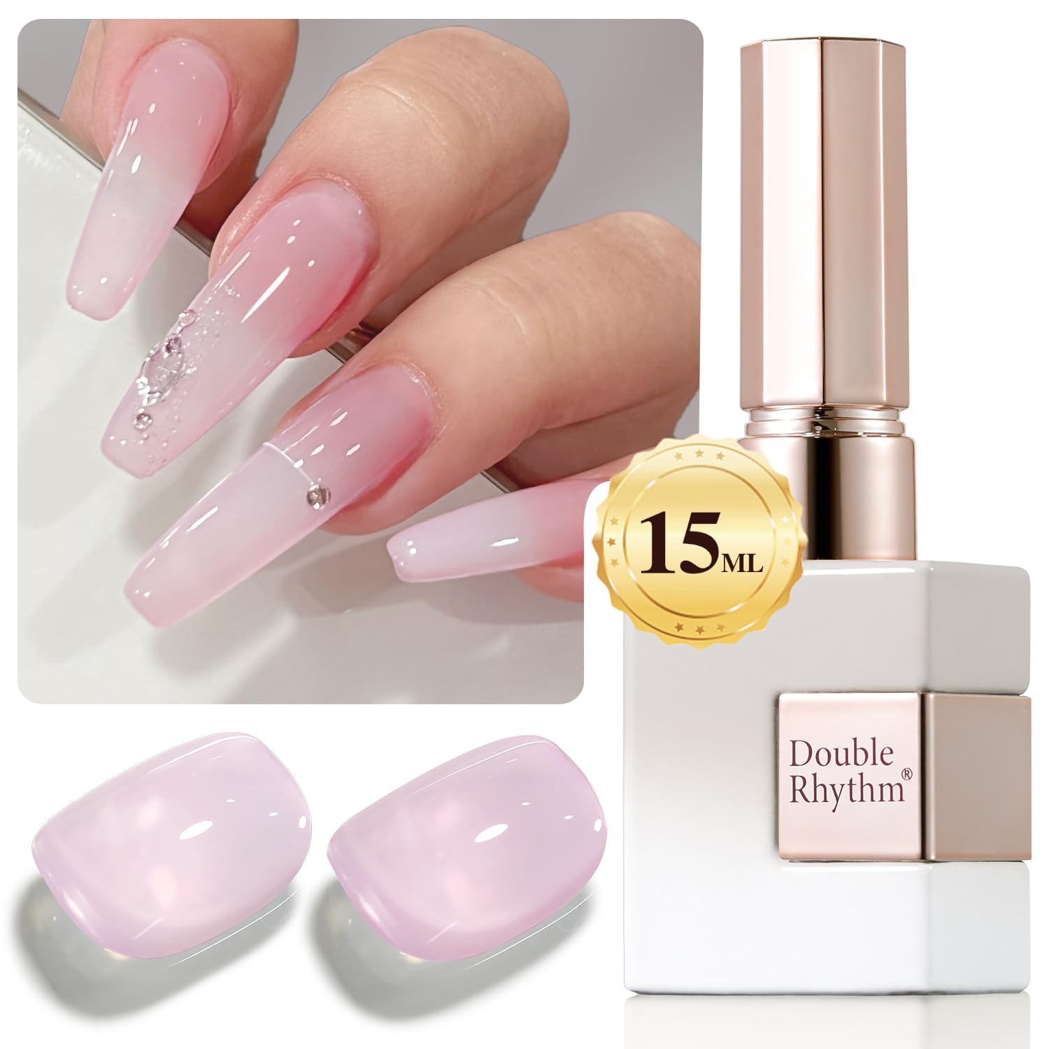 Double Rhythm gel translúcido neutro en envase de 15 ml para manicuras caseras