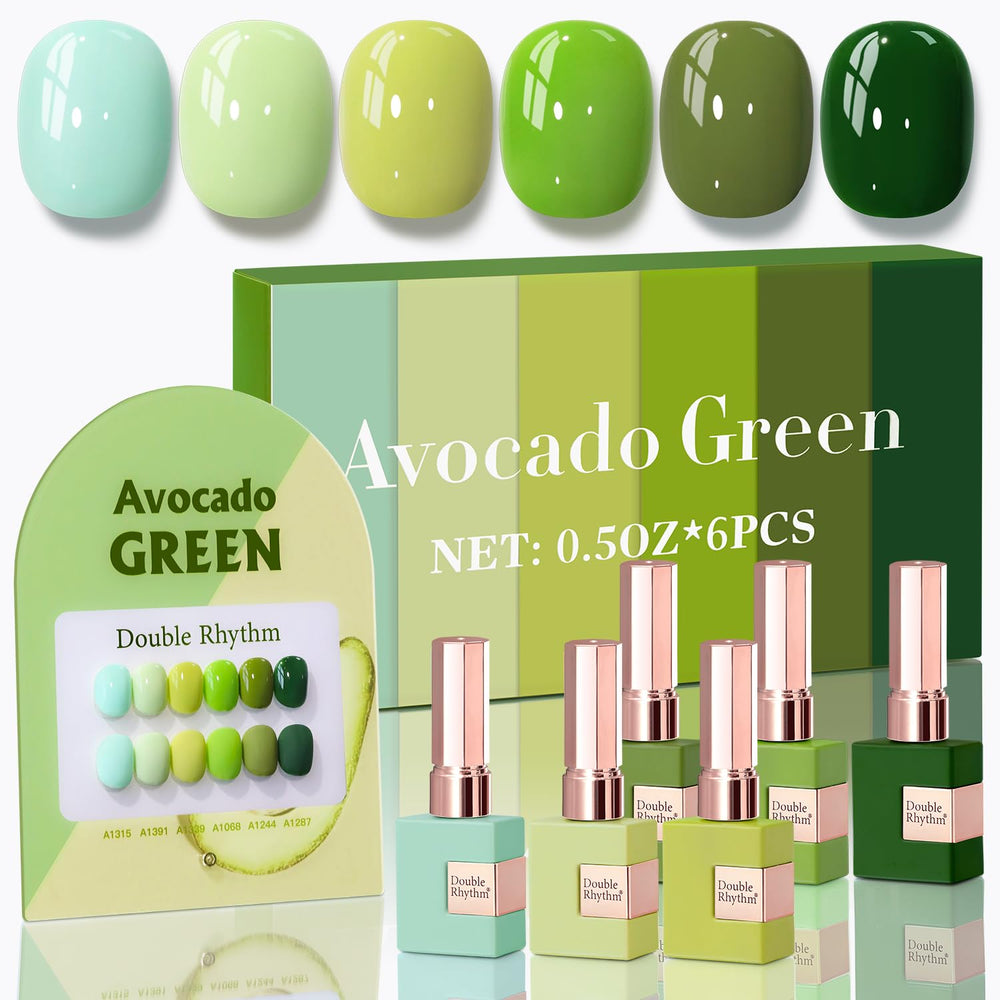 Set de esmalte gel Double Rhythm de 6 piezas en botellas de 15 ml con brillo duradero.