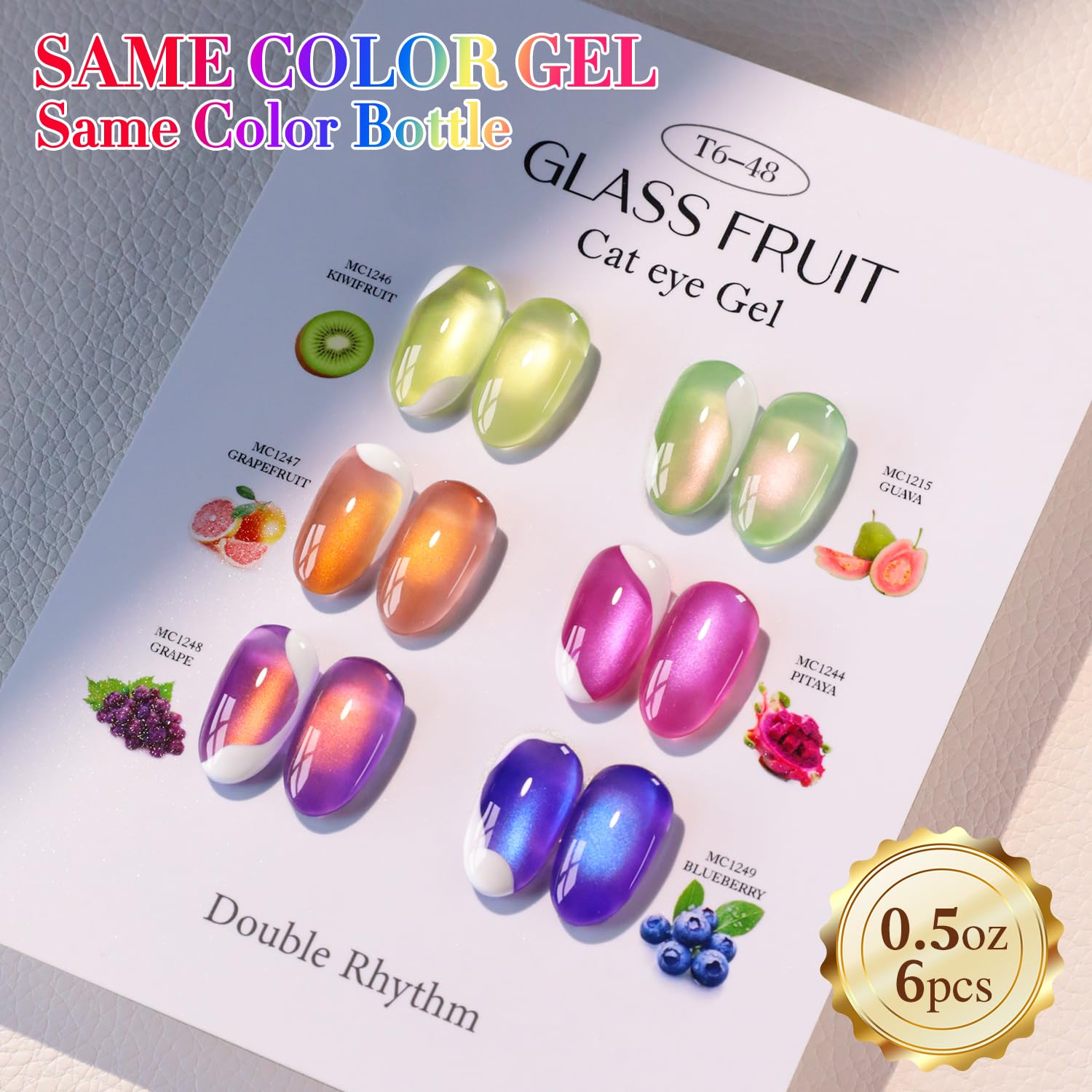 Set de 6 esmaltes gel con efecto ojo de gato para uñas, colores consistentes y pigmentación intensa.