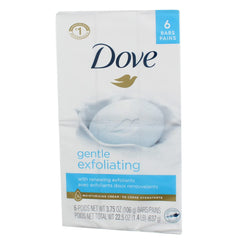 Dove barra exfoliante suave dentro de la caja, presentación lista para uso diario.