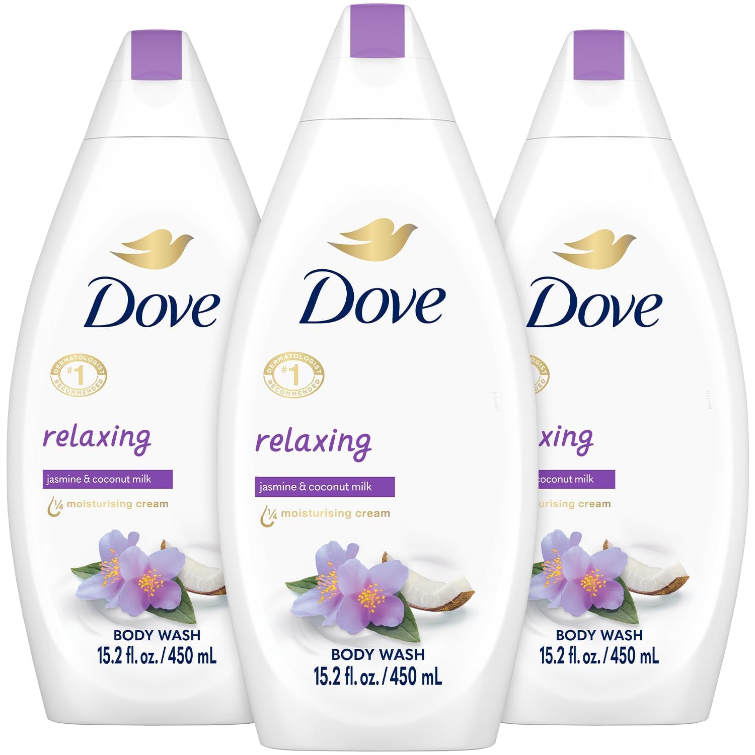 Dove: botella derramando humo suave, aroma a jazmín y coco para piel suave.