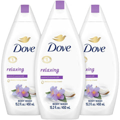 Dove: botella derramando humo suave, aroma a jazmín y coco para piel suave.