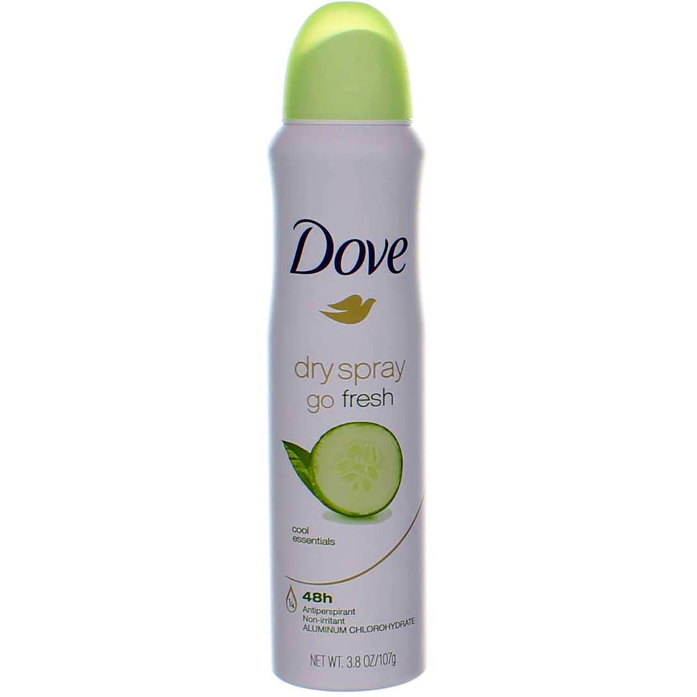Dove Dry Spray Cool Essentials bottle back shows 48-hour protection claim.