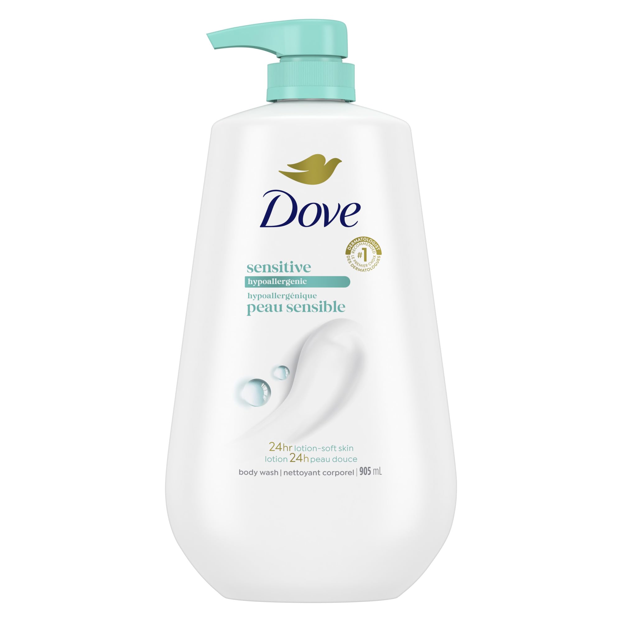 Dove gel de ducha para piel sensible, botella frontal, limpieza suave
