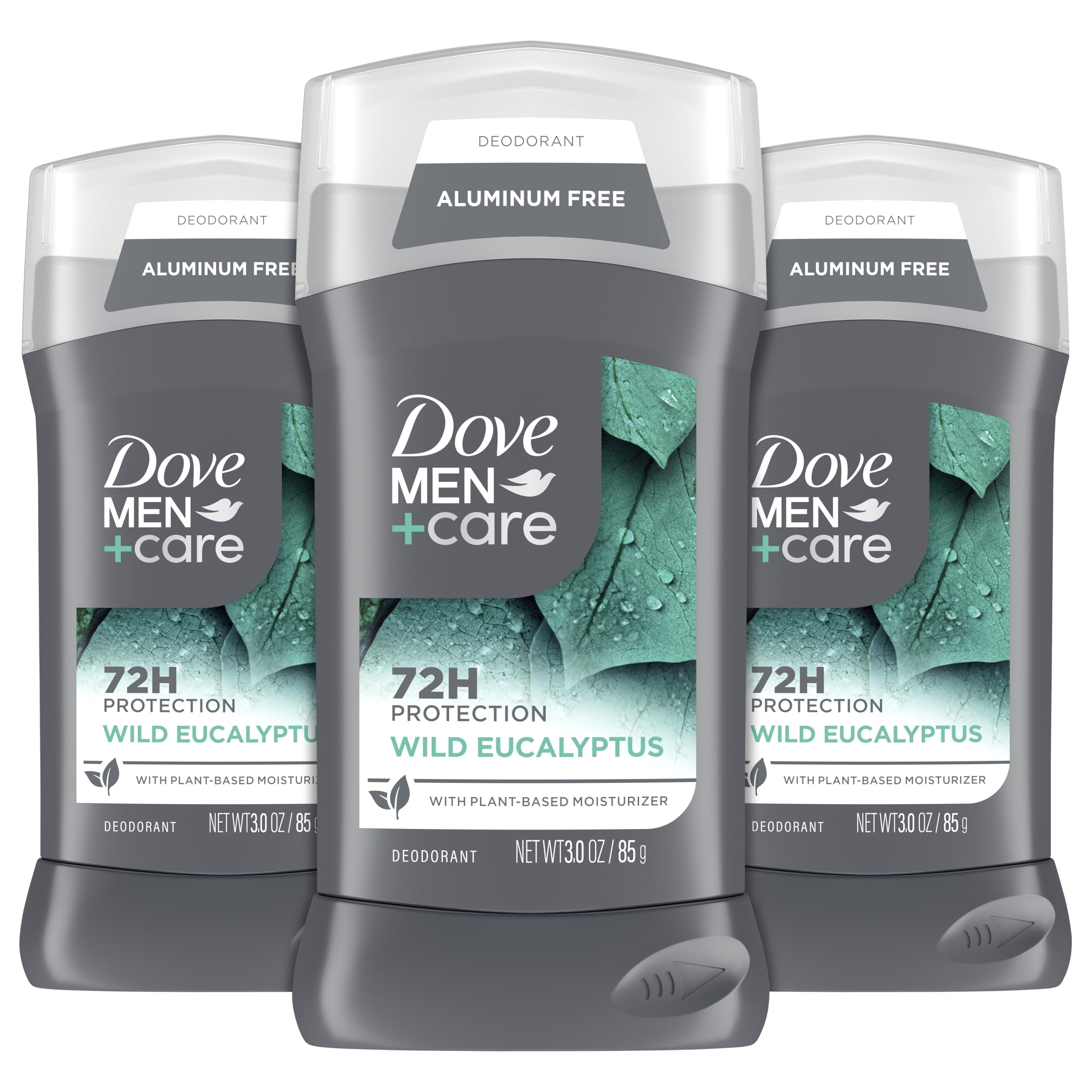 Dove Men+Care desodorante libre de aluminio con aroma de eucalipto refrescante.