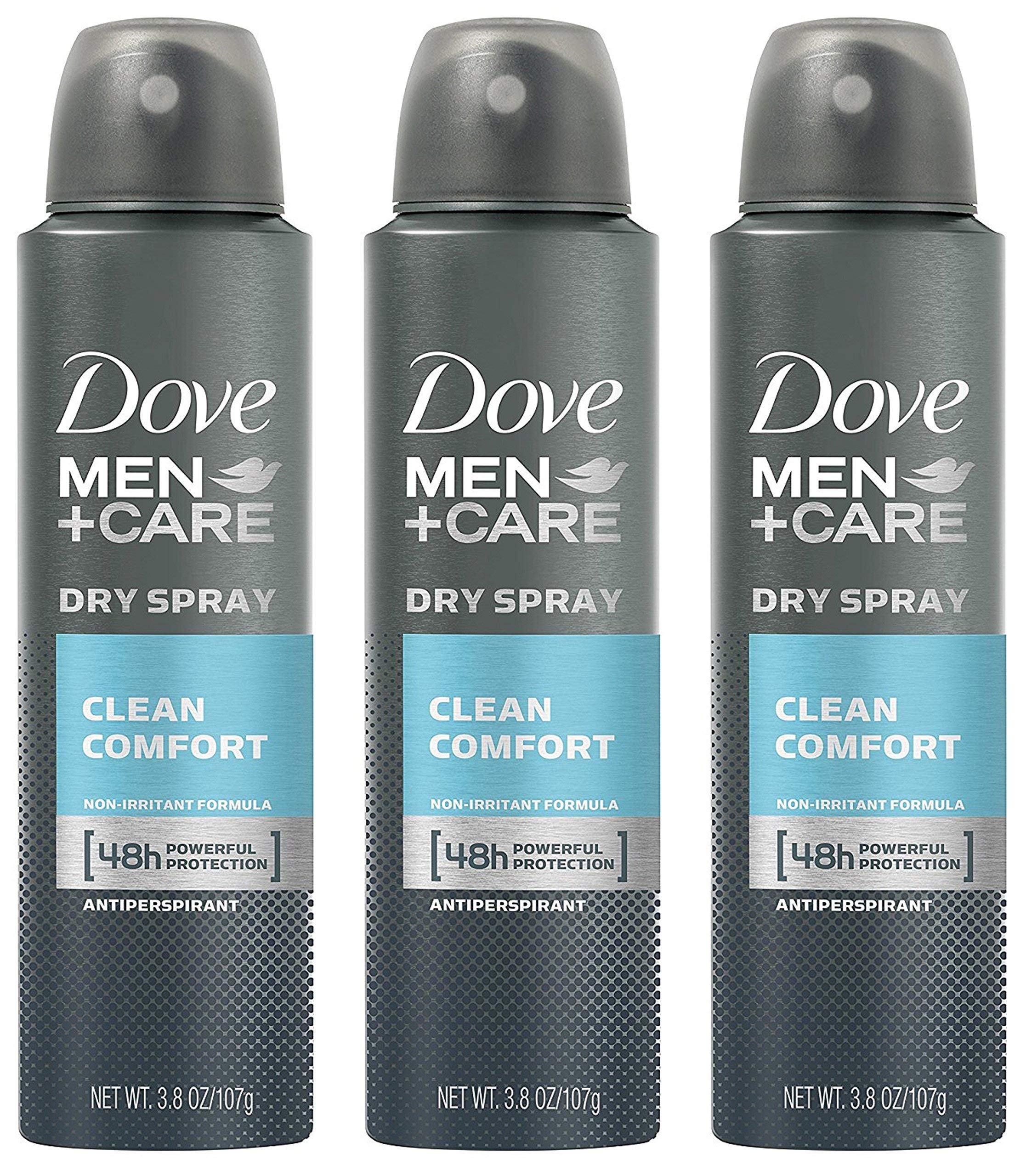 Dove Men+Care Dry Spray Antiperspirant front view with Clean Comfort formula