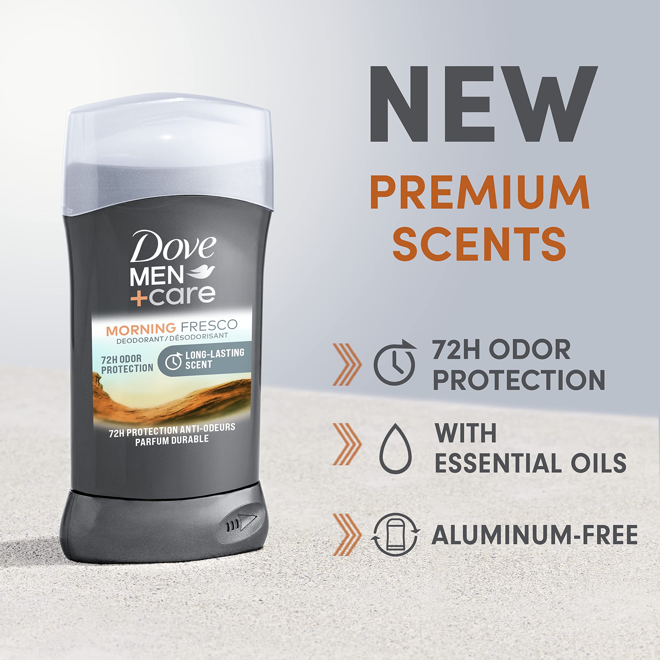 Dove Men+Care Mañana Fresco fragancia con aceites esenciales para uso diario.