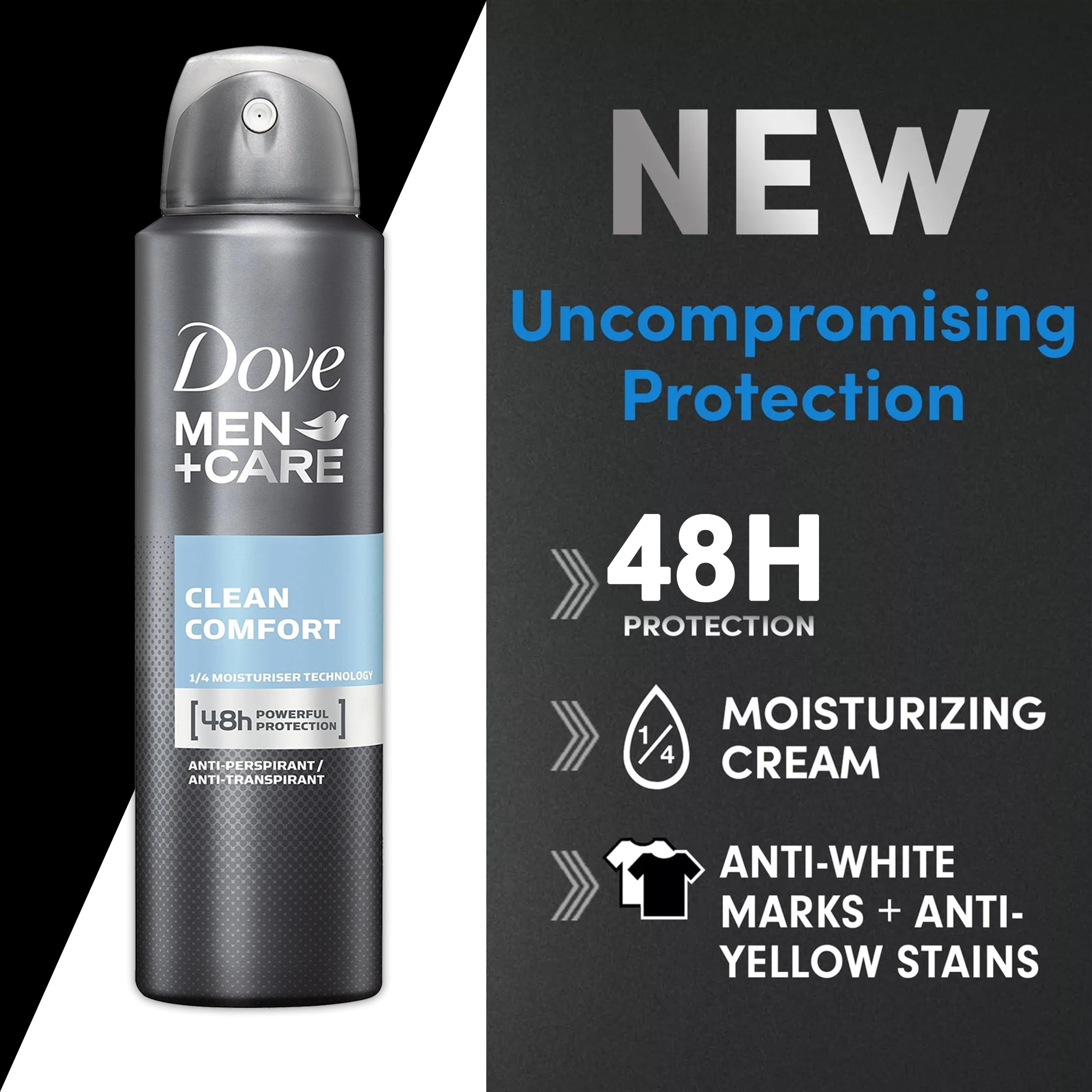 Dove Men+Care label shows quarter moisturizer technology for skin comfort.