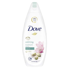 Gel de ducha Dove Pistacho en botella, cuidado suave para la piel.