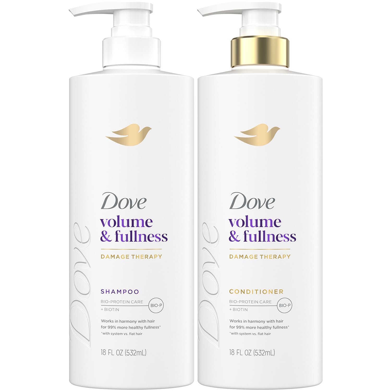 Dove Volume Shampoo bottle pump demonstrates lift for fuller-looking hair.