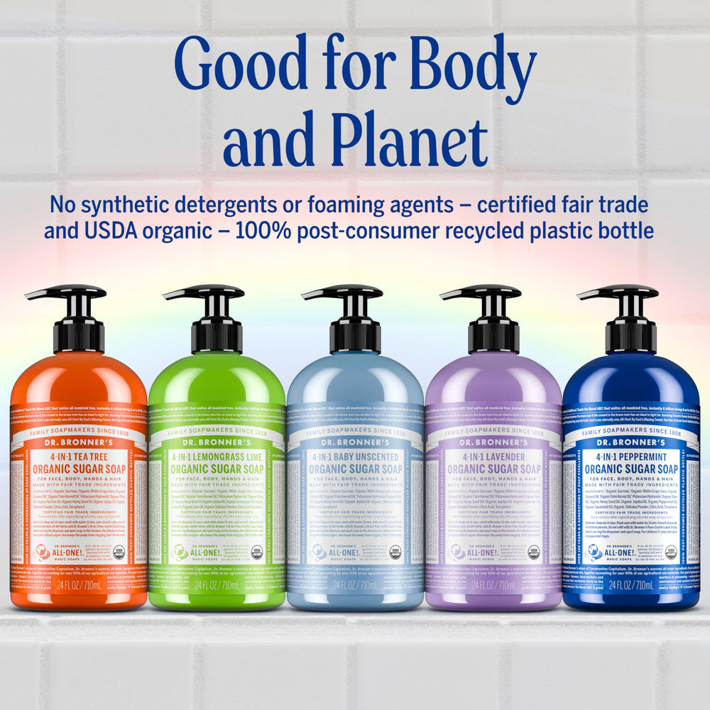 Utilisation multi-usages: mains, visage et cheveux avec Dr. Bronner’s Lavande