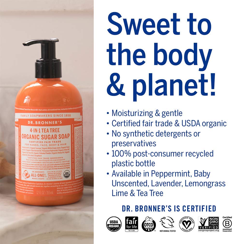 Dr. Bronner's Aceites de coco, oliva y cáñamo para una espuma cremosa.