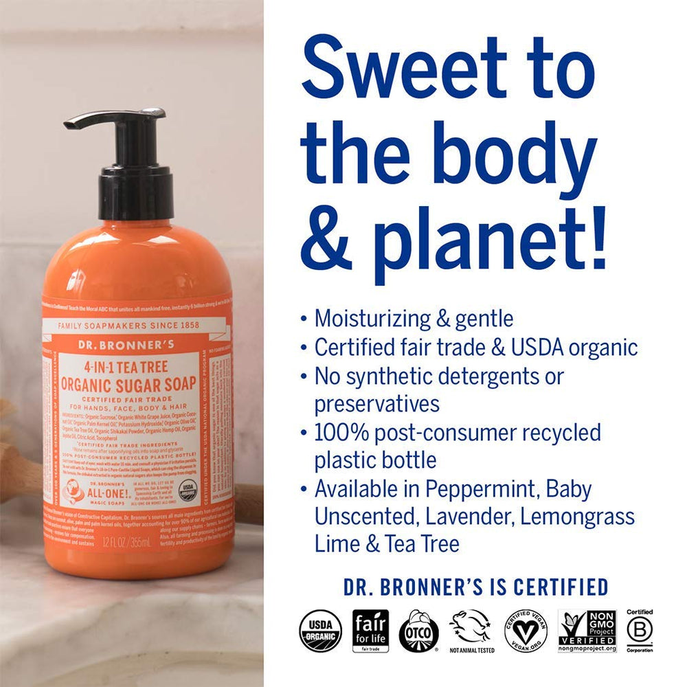 Dr. Bronner's Aceites de coco, oliva y cáñamo para una espuma cremosa.