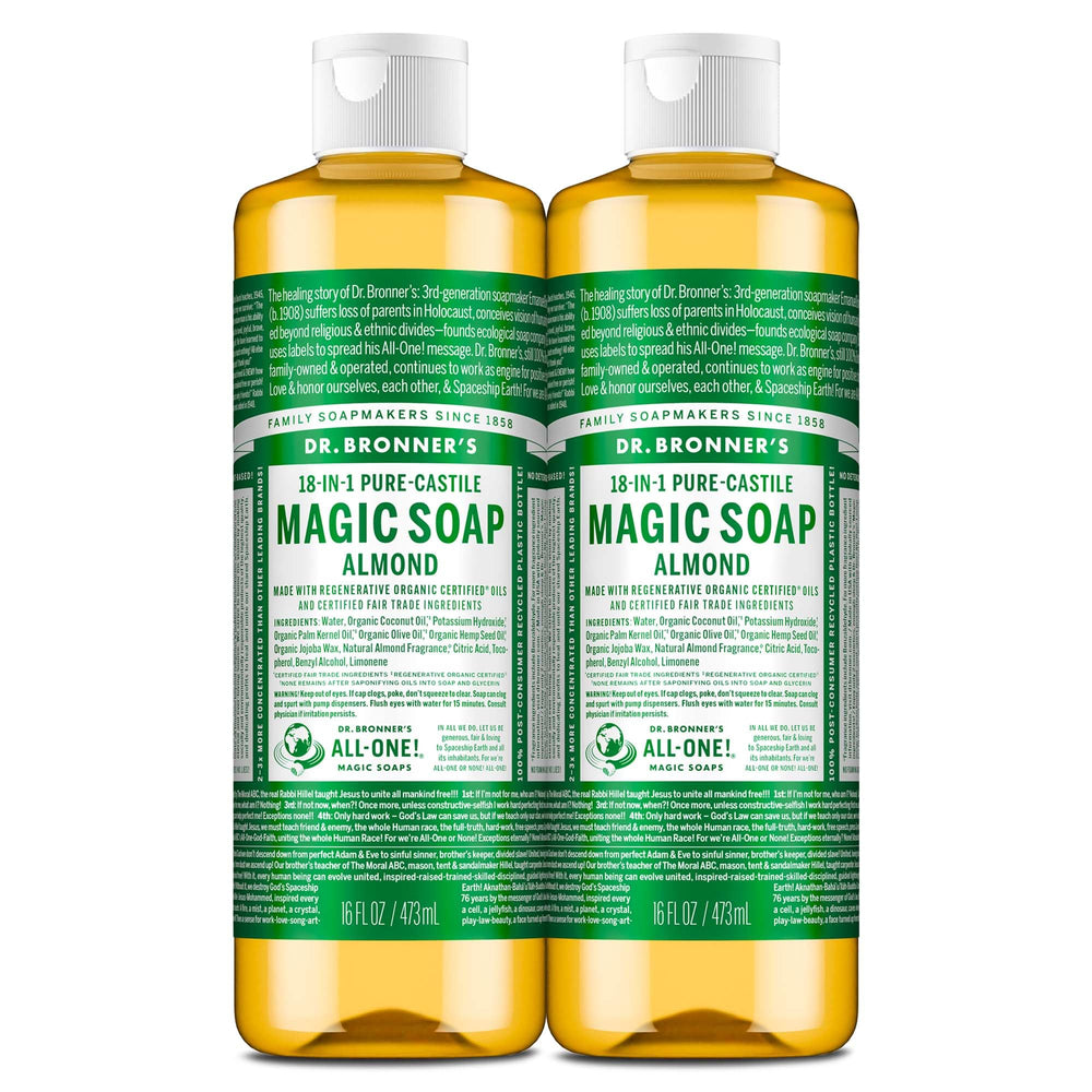 Dr. Bronner's Almond Castile Soap bottle with rich almond fragrance.